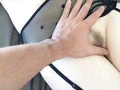 Муж снимает на видео проникновение в киску жены в чулках и эротическом белье, а также окончание на маленькие сиськи